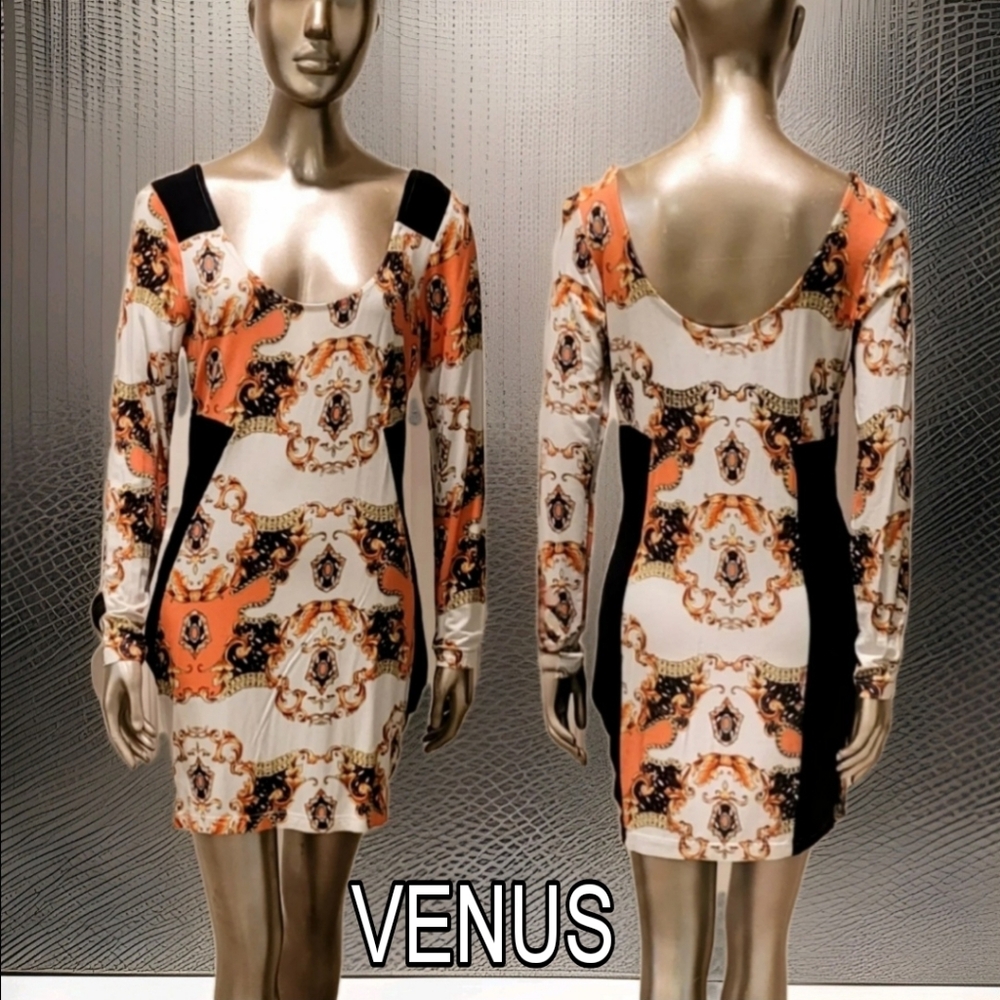VENUS Baroque Print Contrast Panel Scoopneck Bodycon Mini Dress Sz M